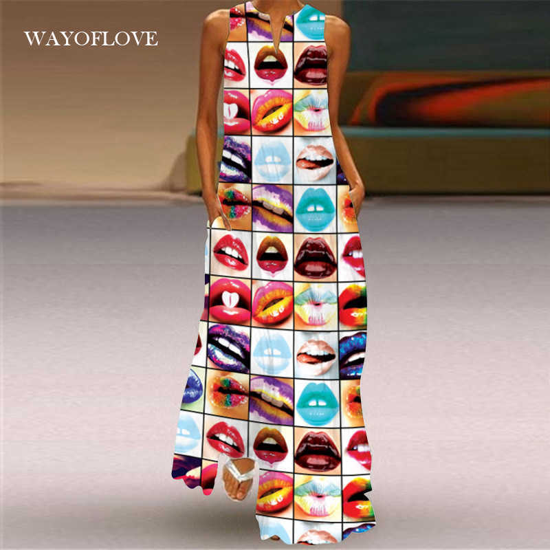 

WAYOFLOVE Colorful Sexy Lip Printed Dress Casual Plus Size Sleeveless Long Dresses Summer Woman Girl Beach Maxi Dress Women 210602, Vlcq-56