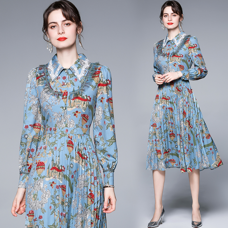 

2021 Runway Printed Button Shirt Dress Luxury Ladies Designer Long Sleeve Lapel Office Holiday Prom Elegant Slim Pleated Dresses Autumn Winter Casual Women Clothes, White
