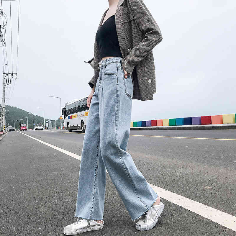 

Women's Jeans Spring Autumn Korea Fashion Women High Waist Loose Casual Femme Vintage Blue Cotton Denim Wide Leg Pants V45 9J0L, Beige