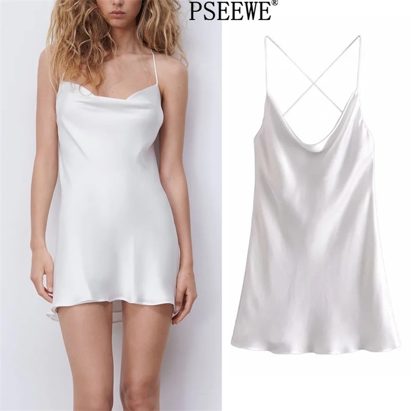 

Summer Dress Woman White Satin Backless Mini Women Spaghetti Strap Sexy Party Short es Pink Slip 210519