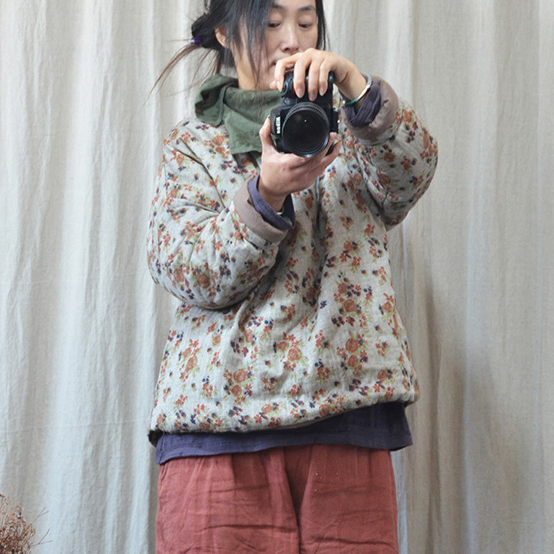 

Johnature Women Autumn Pullover Parkas Warm Coats O-Neck Long Sleeve Vintage Print Floral Fall Clothes Female Parkas 210521