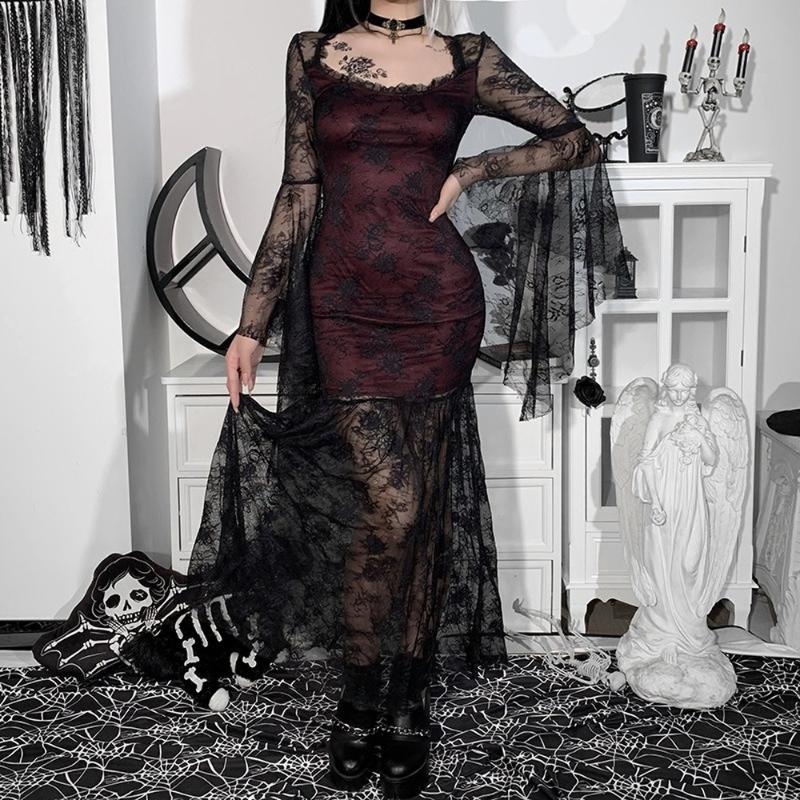 

Casual Dresses Gothic Vintage Sexy Lace Floral Dress Aesthetic Grunge Punk Flare Sleeve Long Ladies Elegant Partywear, Black