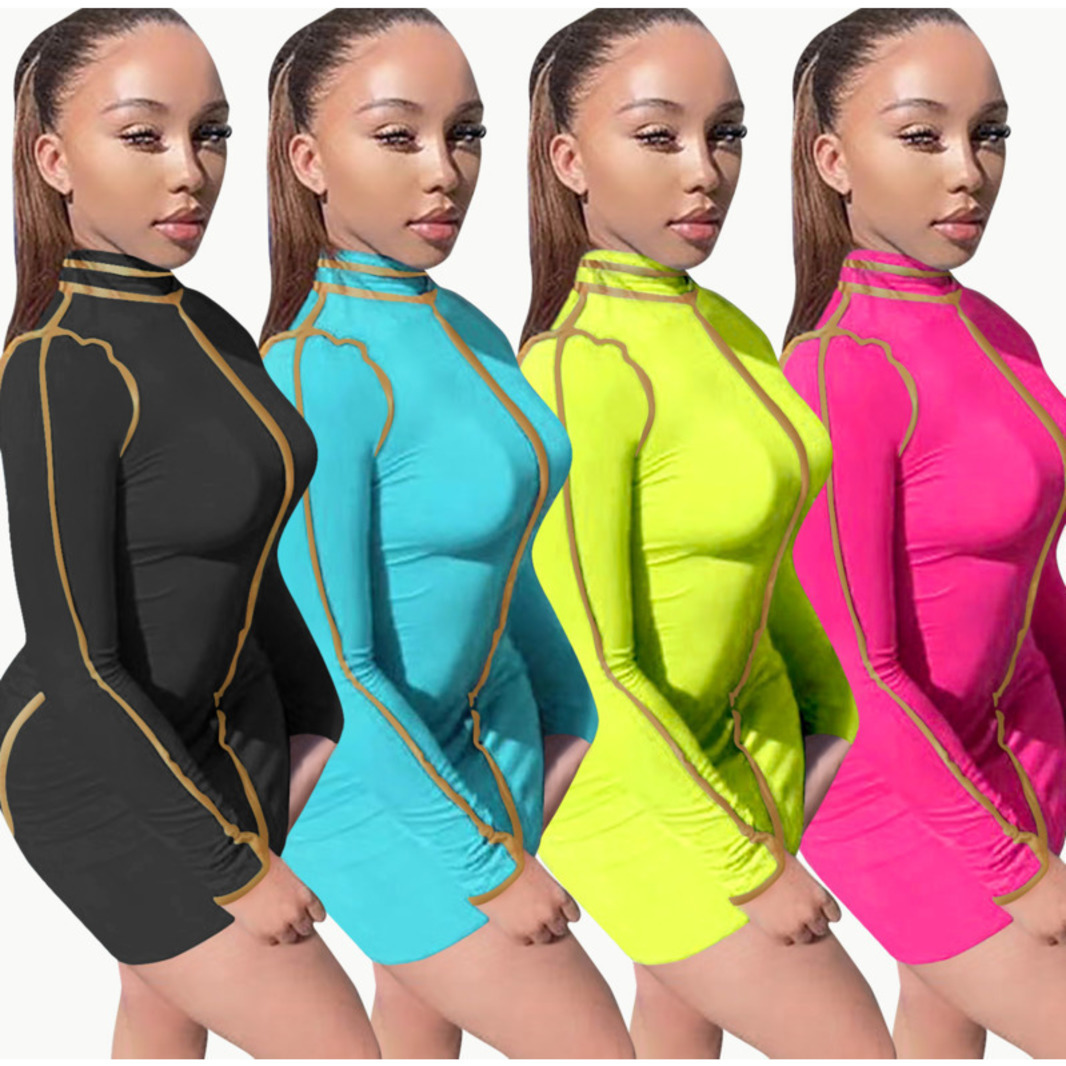 

Womens Dress Soild Color Long Sleeve High Collar Split Stitching Line Sexy Skirt For Ladies Club Casual Evening Dresses, Blue