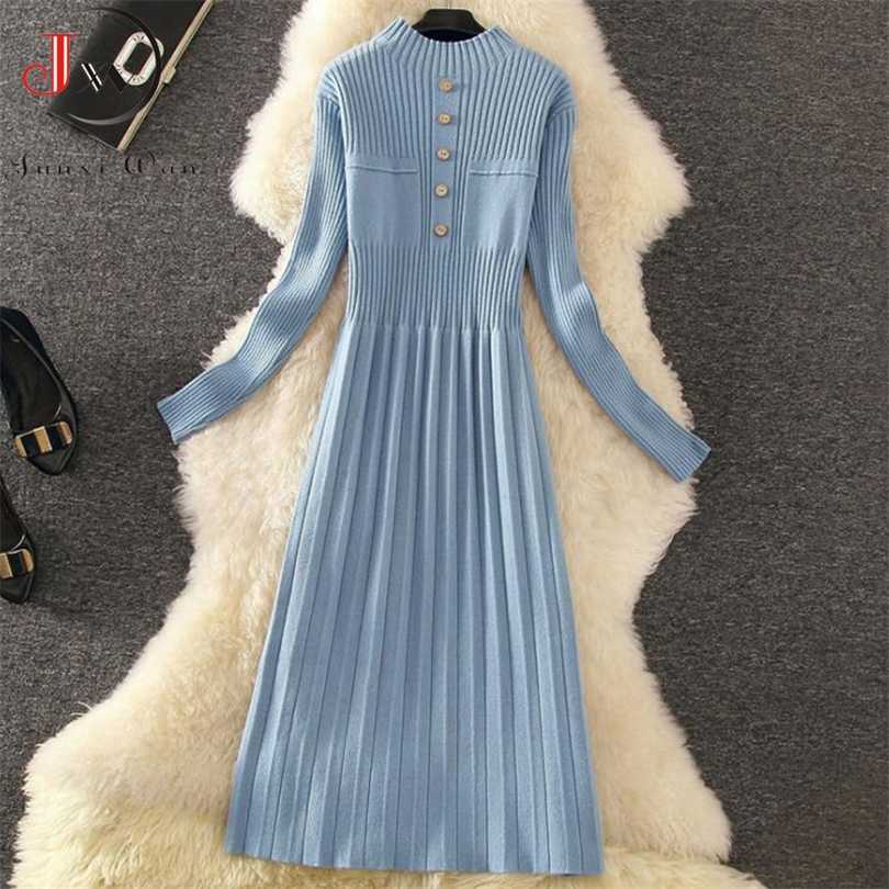 

Autumn Winter Women Sweater Dress Turtleneck Chic Female A-Line Soft Knitted Long Dresses High Elastic Elegant Warm Vestido 211110, Sweater dress-yellow