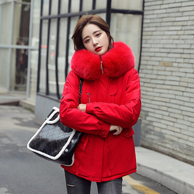 

down Winter Loose Short Parkas Women Korean Style Pockets With Fur Collar Woollen Lining Female Cotton Jackets, Black