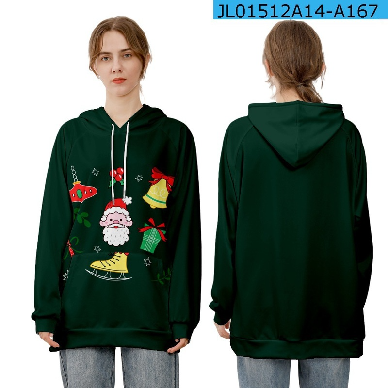 

2021 New Christmas Surrounding Girls Drop Shoulders Long Printed Loose Sweater, Black