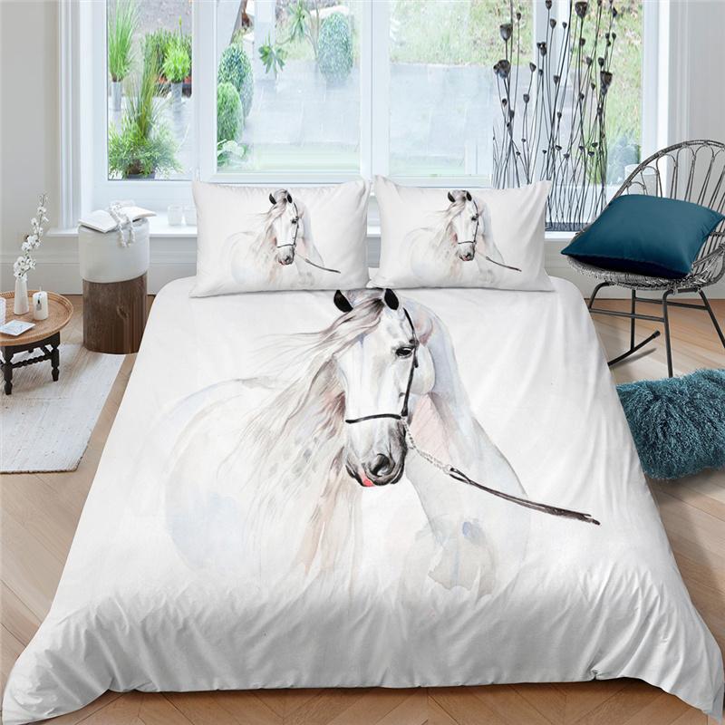 

Home Living Luxury White Horse Print 2/3Pcs Soft Duvet Cover Set Queen Size And King Kids Bedding EU/US/AU Sets, 01