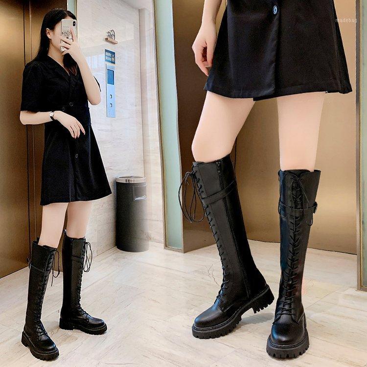

Boots Women's Autumn/Winter Knee-length American British Style Lace Up Thin Ins High Tube Knight, Dumb leather