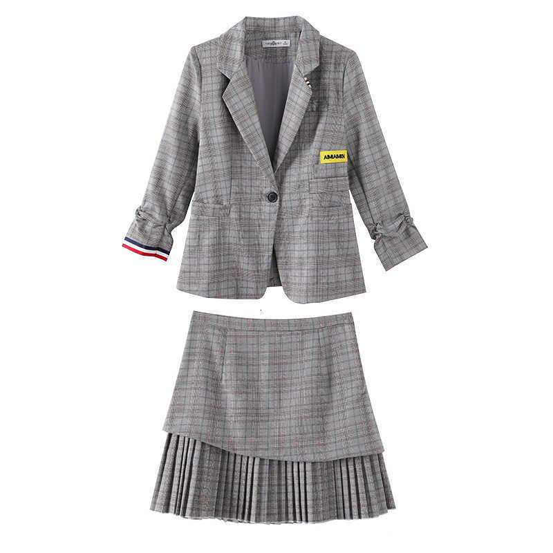 

Korean Casual Blazer Suit Women' 2021 Autumn and Winter Temperament Plaid Pleated Skirt Two Piece Set 9582, Gray
