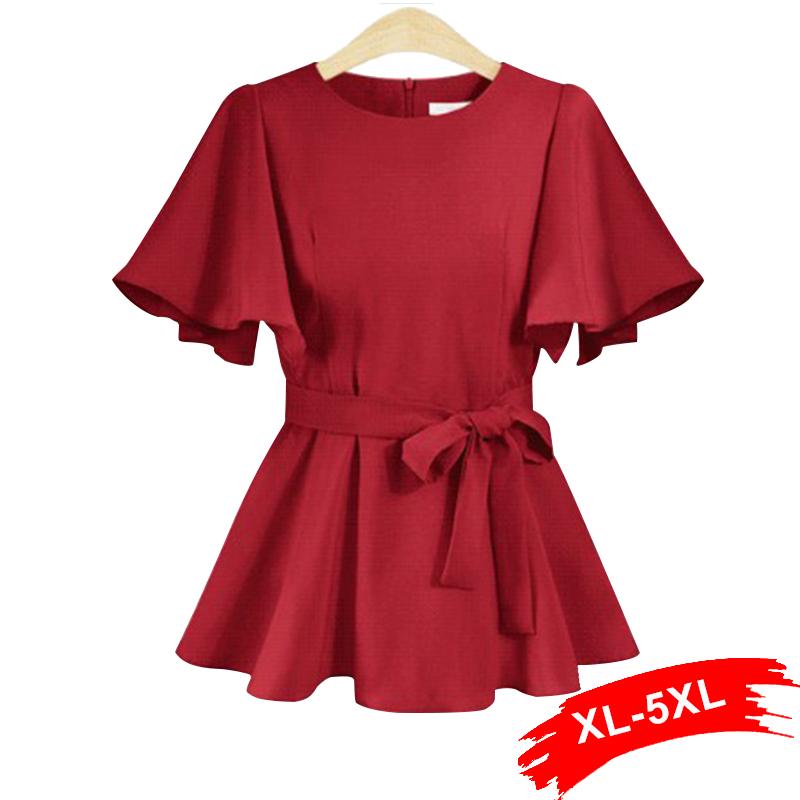 

Women's Blouses & Shirts Plus Size Flare Sleeve Wrap Tie Burgundy Blouse 4XL 5XL Elegant Women Work Wear Pink Lake Blue Tops Casual Summer