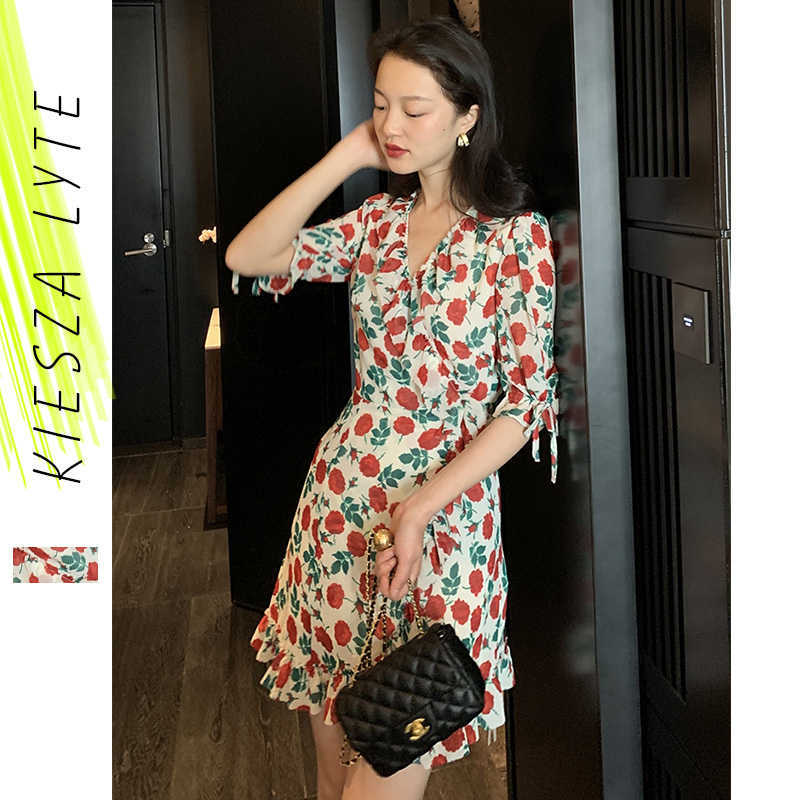 

French Vintage Floral Dress Summer Fishtail Dresses for Women Mini Robe ete 210608