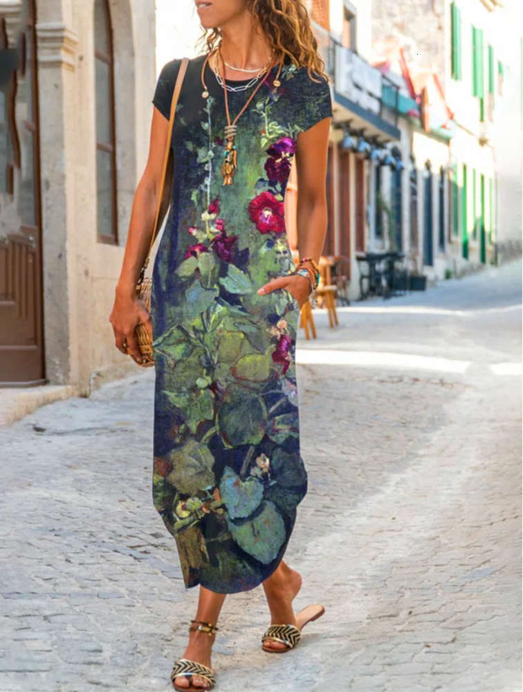 

Summer Print Long Skirt Blue suspender slim cotton mid waist dress, Black;gray