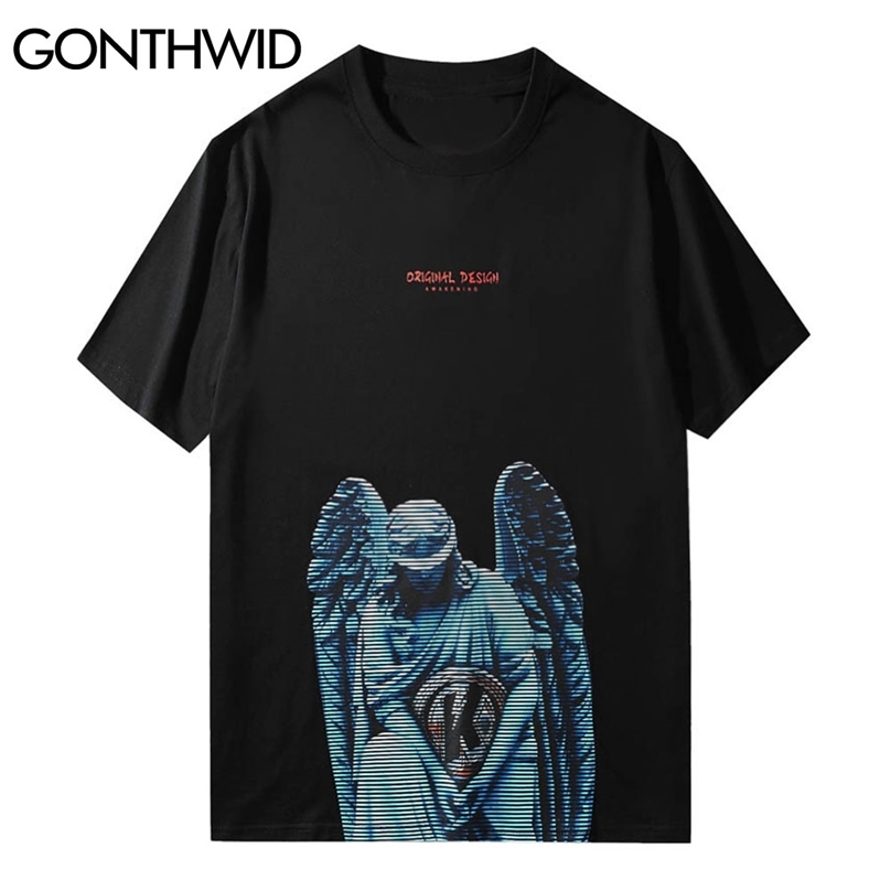 

Tees Shirts Harajuku Angel Statue Print Tshirts Streetwear Mens Hip Hop Fashion Loose Casual Short Sleeve Tops 210602, Black