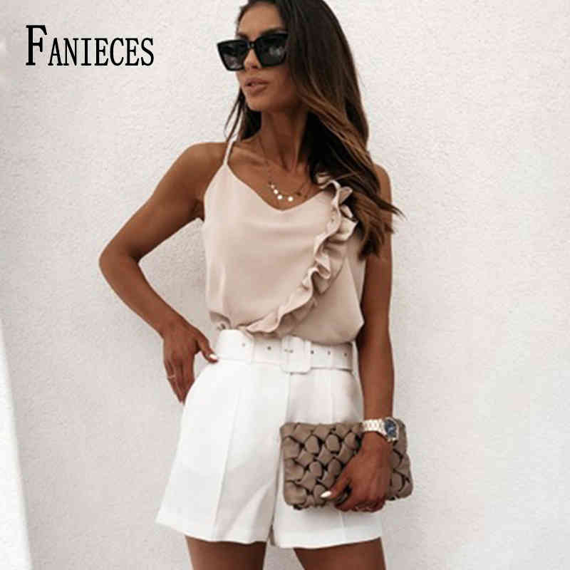 

Sexy Strap Solid Crop Top Chiffon Women Tops Summer Casual V Neck Sleeveless Halter Ruffle Tank Streerwear Vocation Clothing 210520, Creamy-white