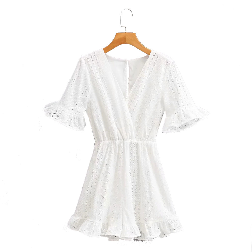 

BBWM Summer Vintage Elegant V-collar Point Chiffon Girls Summer Short Playsuits Women Short Sleeve Sweet Jumpsuits rompers 210520, White