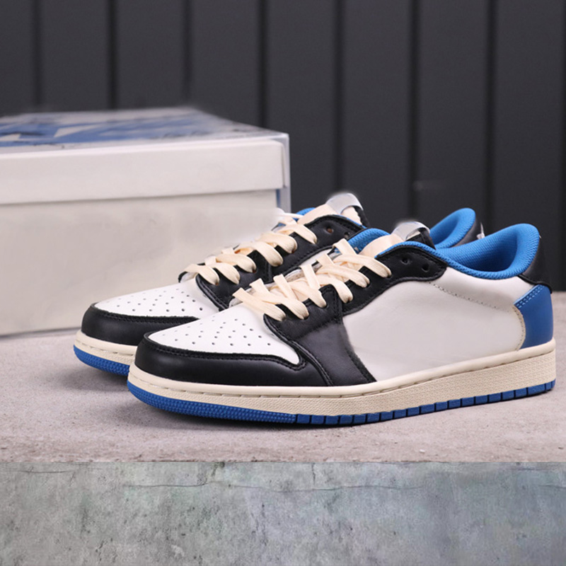 

with box Fragment x 1 Low OG Basketball Shoes Travis 1s Sail Black Military Blue Shy Pink womens Outdoor Sneakers Cactus Mens Sport Trainers DM7866-140 x1, Black white blue