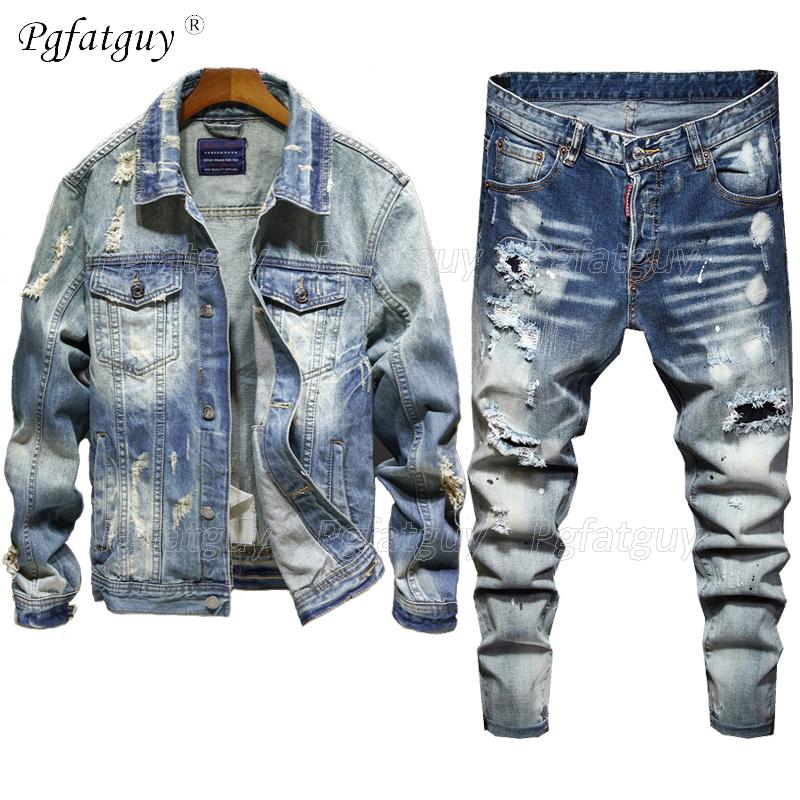 

Men's Tracksuits Ripped Hole Sets Spring Autumn Lapel Denim Jacket + Stretch Jeans Tattered Whiten 2 Piece Set Conjuntos De Hombres, Jacket and jeans