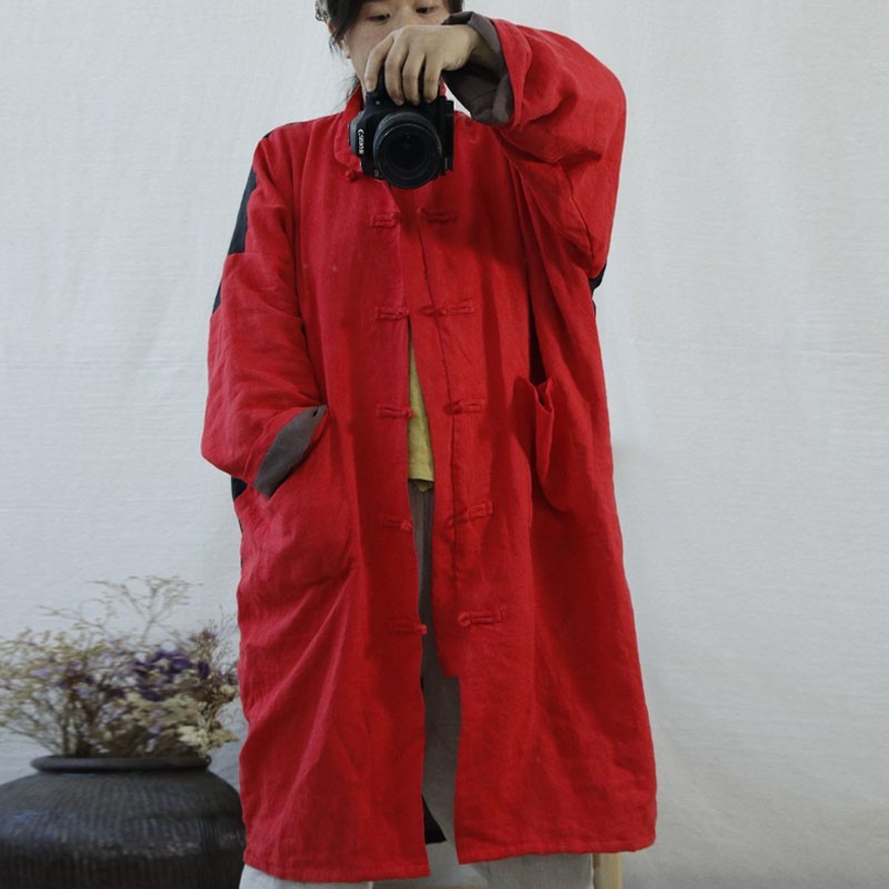 

Johnature Autumn Winter Retro Patchwork Plate Buckle Stand Long Sleeve Coats Cotton Linen All-match Women Fashion Coat 210521, Black