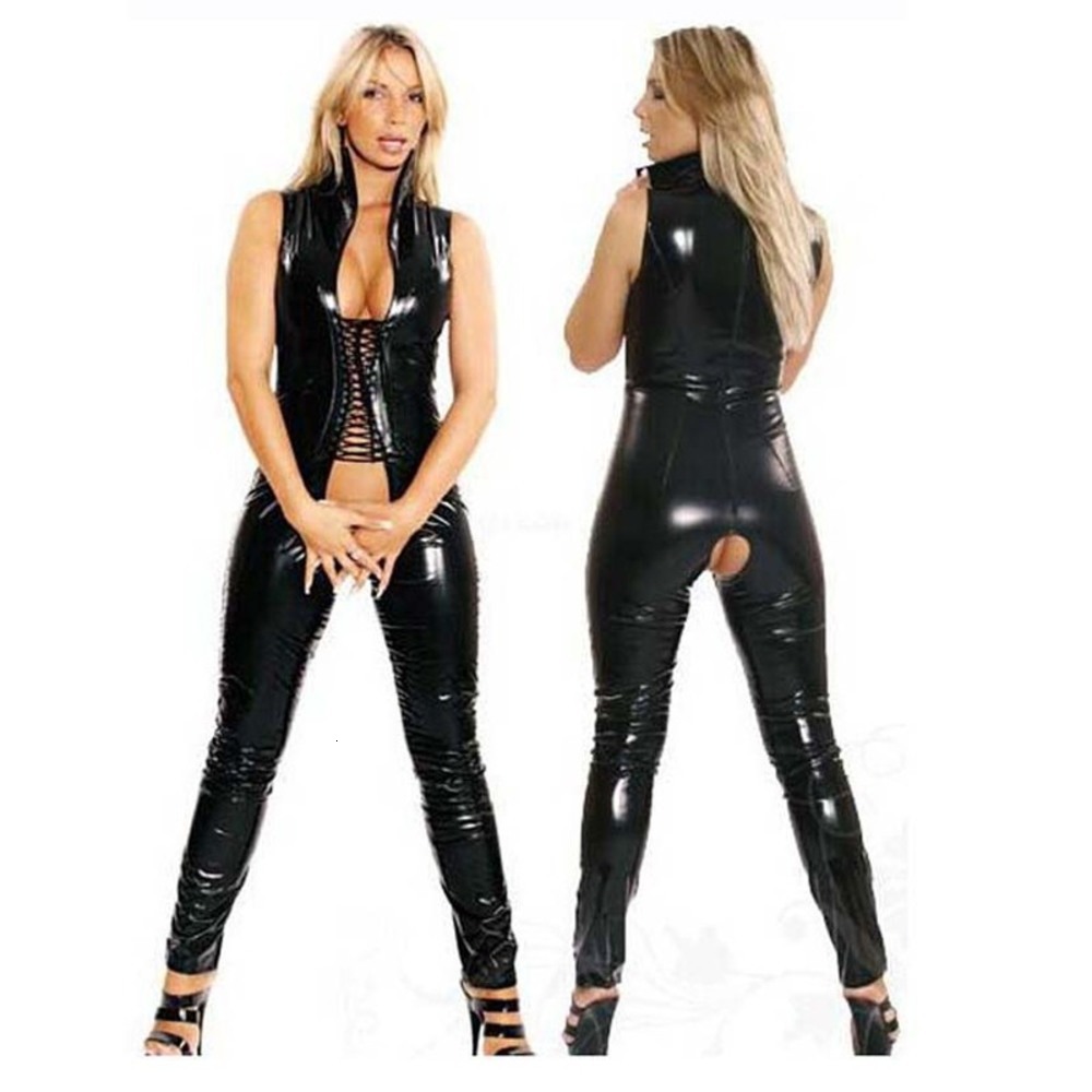 

Casual Dresses -5xl plus patent punk sexy underwear faux leather high neck bodysuit, Black