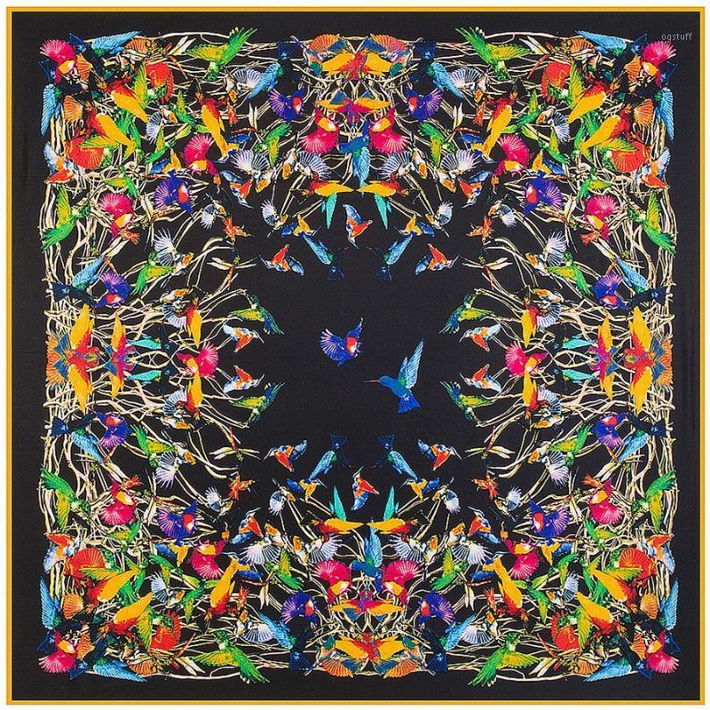

Scarves 2021 Square Scarf Women Luxury Ladies Silk Designer Hummingbird Bandanna Summer Sunscreen Shawl Beach S23, Blue;gray