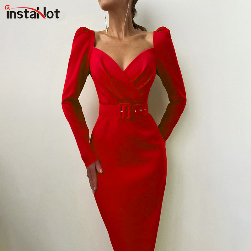 

InstaHot Elegant Party Women Dress Slim V Neck Long Sleeve Mid Calf Pencil Dress 2021 Casual Office Lady Solid Red Puff Sleeve, Black