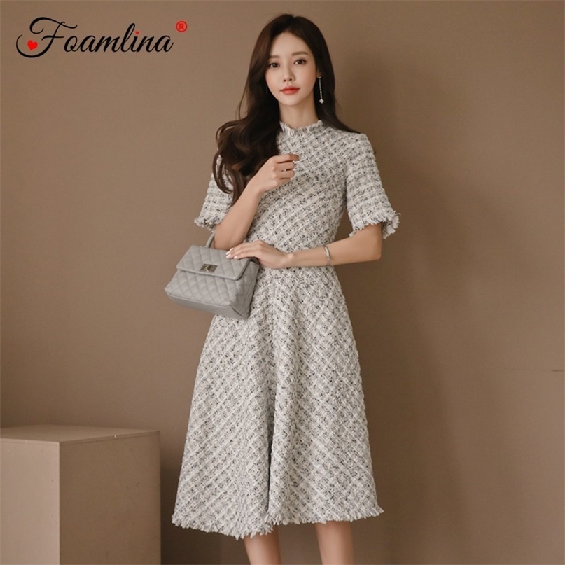 

Elegant Women Dress Tweed Vintage O Neck Short Sleeve Tassels Tunic Retro Lady Evening Party Midi Swing 210603, As picture