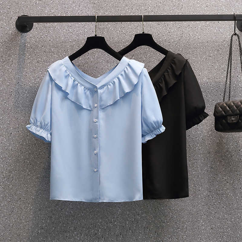

plus size Summer casual natural silk V-neck women blouse cross-neck V collar natural silk short-sleeved blouse shirt L-4XL 210604, Black