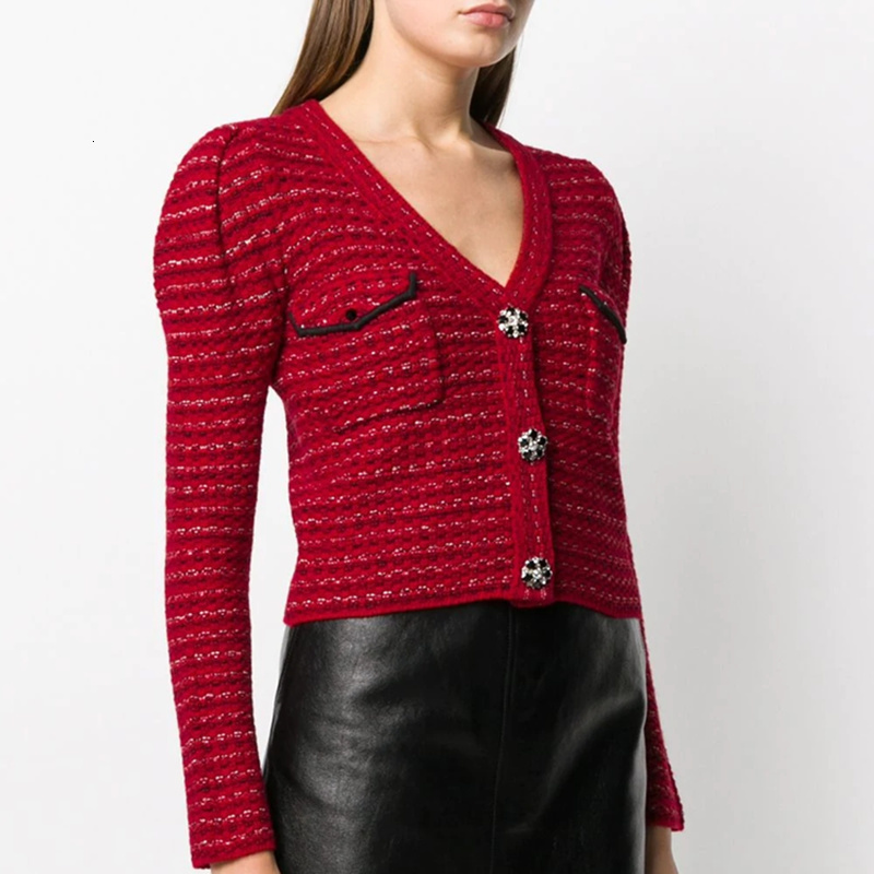 

t shirt Christmas Red 2021 Year Runway Cropped Sweater Jacket V neck Single Breasted Long Sleeve Cardigan and Skirt Set, Only cardigan