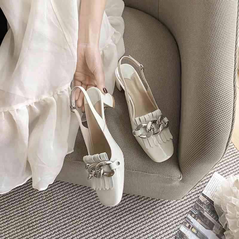 

dress shoes summer women patent leather chunky heel slingback sandals for chain tassel high heels black/beige ladies ysad