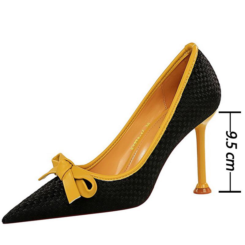 

Dress Shoes Women's Bowknot Woman Pumps Pointed Toe High Heels Party Weave Stiletto Female Wedding Fashion Footwear, Yellow