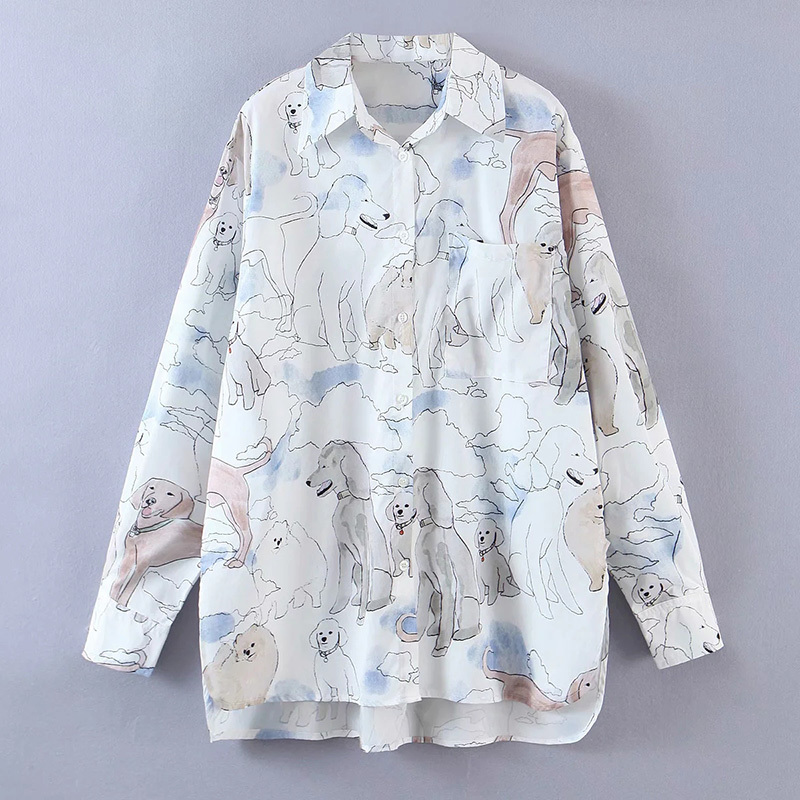 

Women Fashion Animal Cartoon Pattern Shirt Female Asymmetry Hem Blusas Loose Lapel Long Sleeve Chic Top 210520, Multi