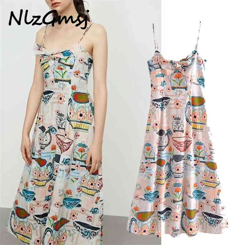 

Dres Graffiti Print vestido Elegant Spaghetti strap midi dresses Holiday Summer dress 04 210628, As picture