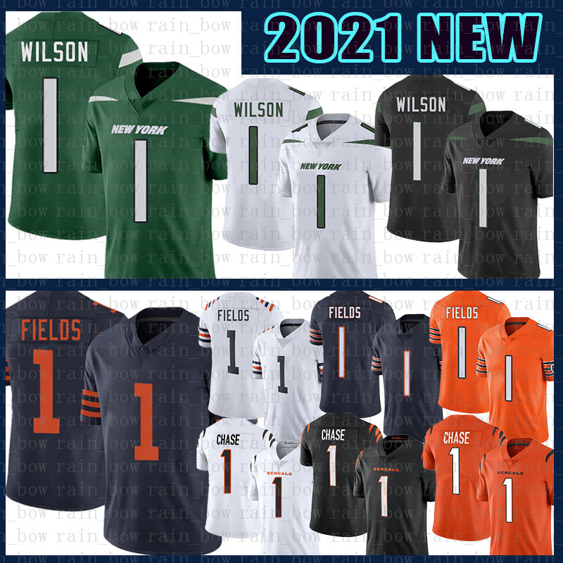 

New American football jersey York Jet 1 Zach Wilson Chicago Bear 1 Justin Fields Cincinnati Bengals 2021 1 Ja'Marr Chas, Black;red