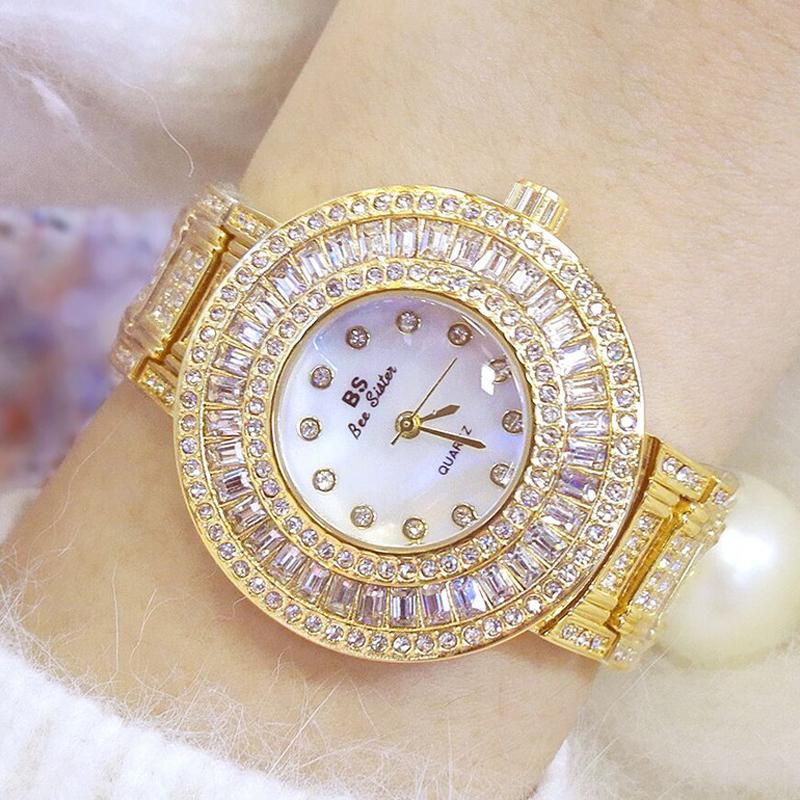 

Wristwatches Bs Bee Sister Big Dial Full Diamond Watches For Woman 2022 Crystal Female Gold Wristwatch Unique Ladies Clock