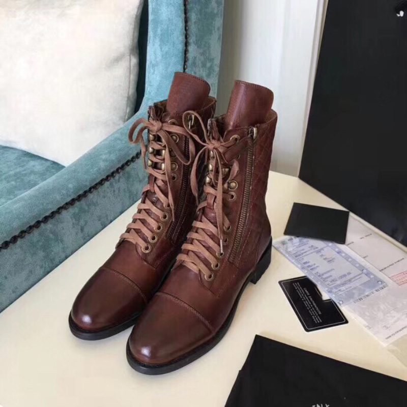 

Interlocking Brown Biker flats boots vintage leather lace-up shoes combat boot buckle low heel Martin booties ankle luxury designers brand shoe factory footwear, Gift(not sold separately)