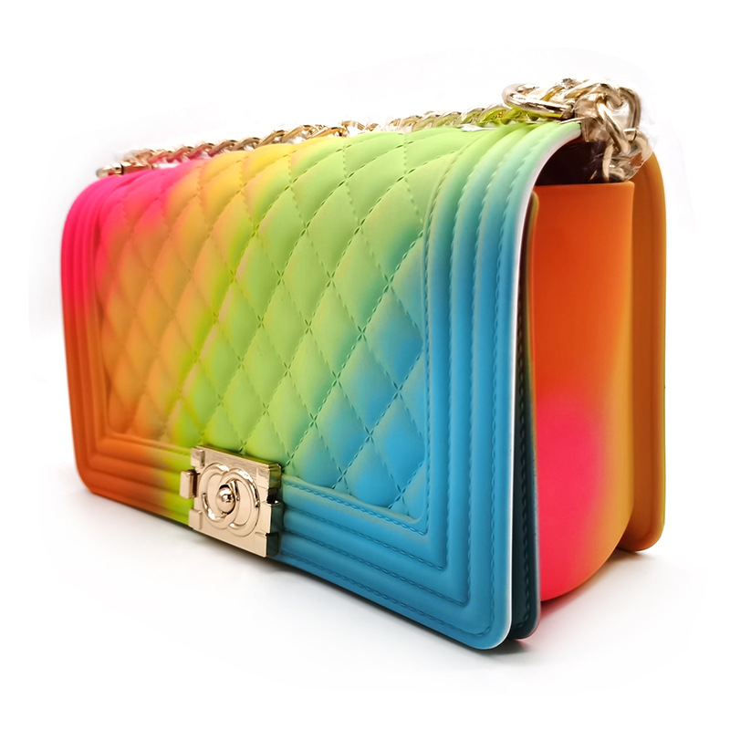 

Wholesale factory ladies shoulder bags summer trend Candy-colored chain bag classic embossed plaid rainbow matte handbag waterproof wear-resistant jelly backpack, Yh10169-y