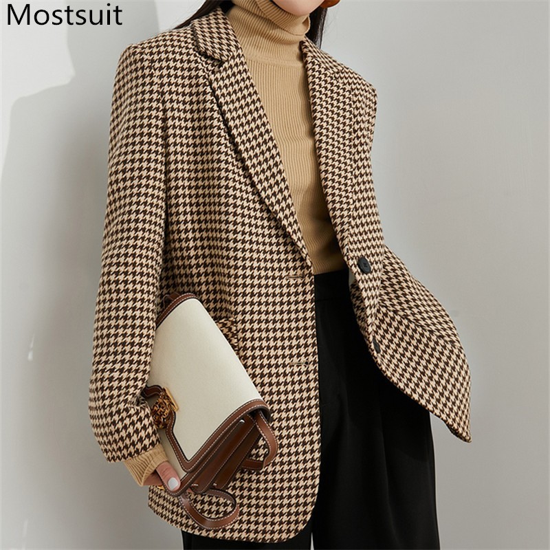 

Houndstooth Thick Warm Women Woolen Coat Winter Notched Collar Single-breasted Korean Vintage Female Wool & Blend 210518, Brown regular