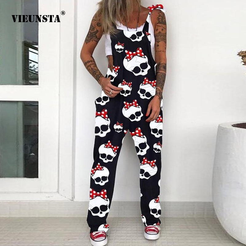 

Fashion Punk Skull Print Jumpsuit Streetwear Spring Summer Sleeveless Strappy Overalls Women Casual Loose Pocket Romper Playsuit, 01 daisy print