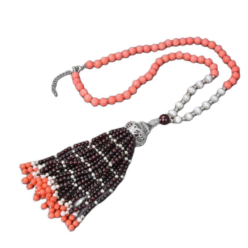 

Pendant Necklaces JK 25" Natural Pearl Garnet Coral CZ Necklace