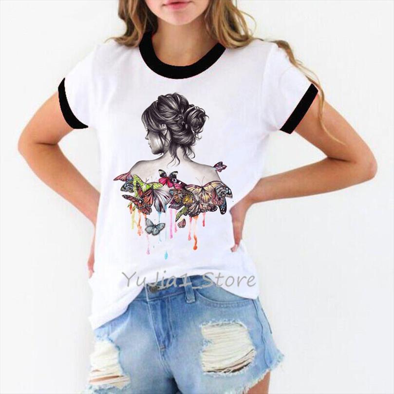 

watercolor butterflies lady print mens t shirts and womens vintage women streetwear aesthetic clothes gothic female basic, White;black