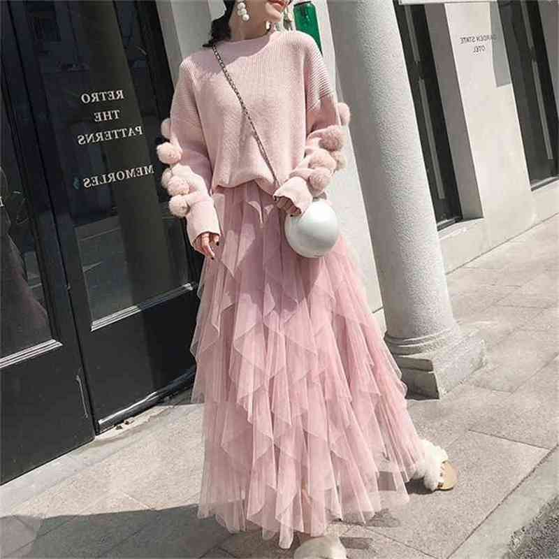 

Women Spring Autumn Elegant 2 Piece Set Female Long Sleeve Knitted Sweater+High Waist Pleated Mesh Skirt Suit Outfits 210603
