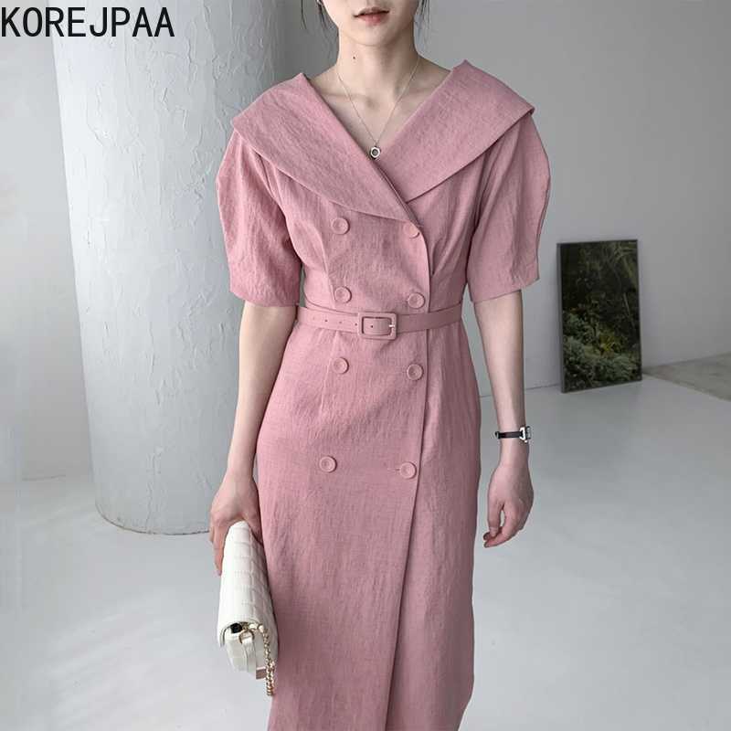

Korejpaa Women Dress Summer French Temperament Lapel Pleated Slim Double-Breasted Belt Decoration Short-Sleeved Vestidos 210526, Leather red