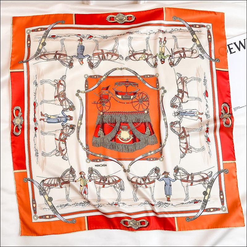 Scarves Foulard Satin Scarf Female Silk Designer Head For Ladies Hand Sewn Edges 90 Carriage Print