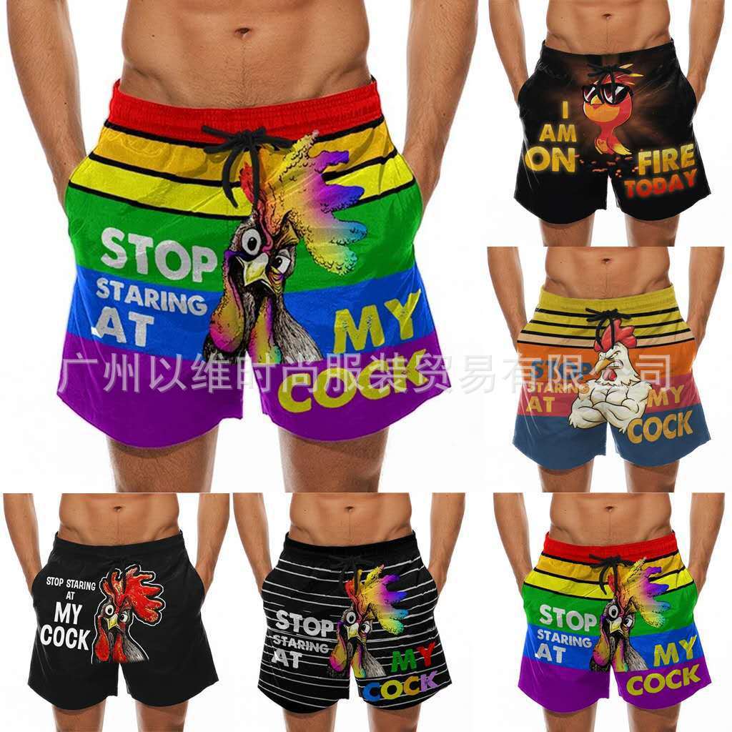 

2020 men's beach pants fun 3D Turkey head printed swimming trunks spoof banana pattern shorts, White;black