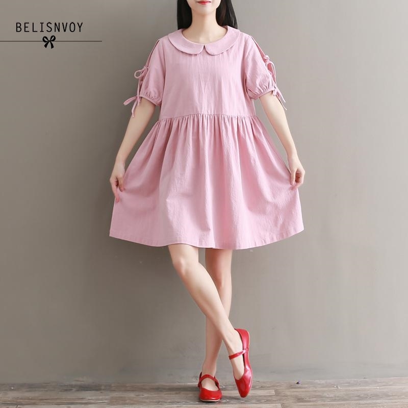 

Mori Girl Sweet Dress Fashion Women Peter Pan Collar Short Sleeve Summer Dresses Casual Loose Pink Cotton Vintage Vestidos 210520