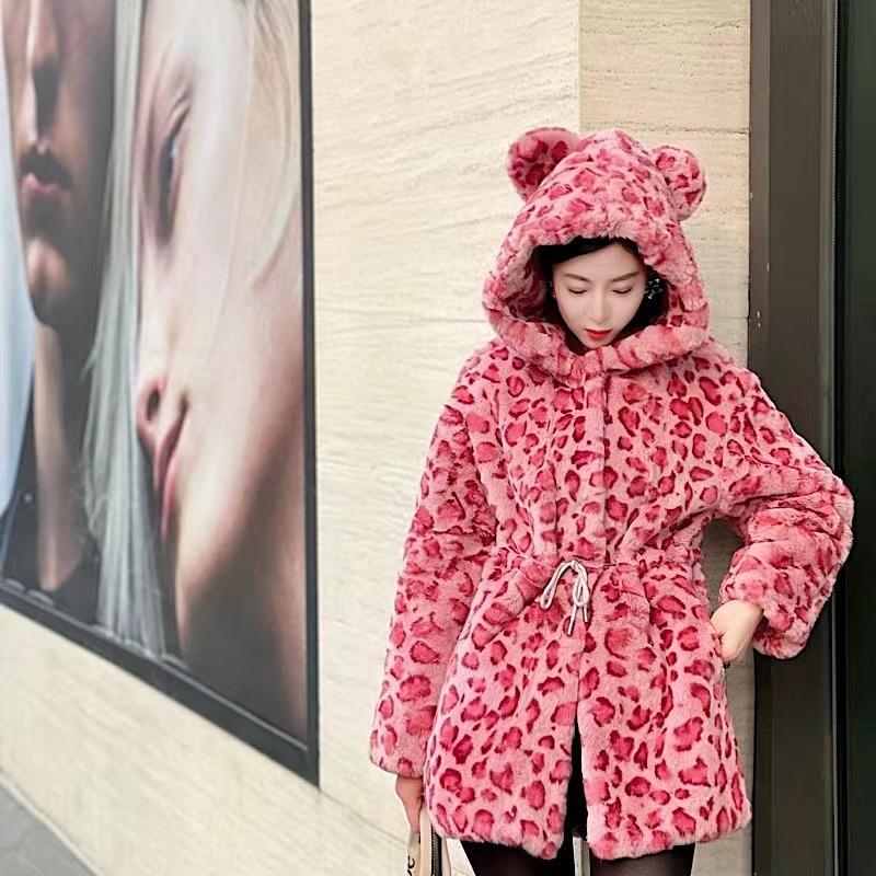 

Women's Fur & Faux 2021Real Featured Rabbits Pink Leopard Coats Hooded Loose Wide Mid-length Coat Simple Street Warm Thick Down Jacket, Black