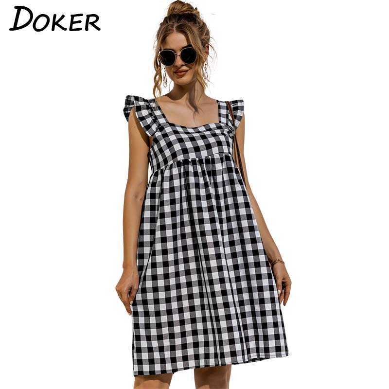 

Square Collar Ruffle Loose Sleeveless High Waist A-line Pullover Mini Dress Butterfly Sleeve Plaid Casual Ladies Dresses 210604, Black