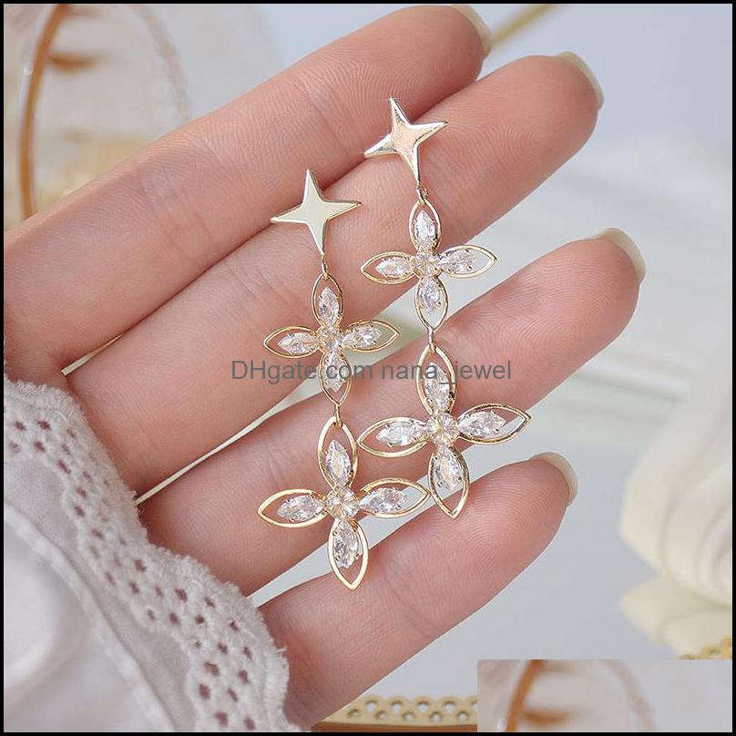 

Romantic 14K Real Gold Pierced Flower Stud Earrings Japanese&Korea Delicate Jewelry Zircon Long Drop Delivery 2021 Ondwp