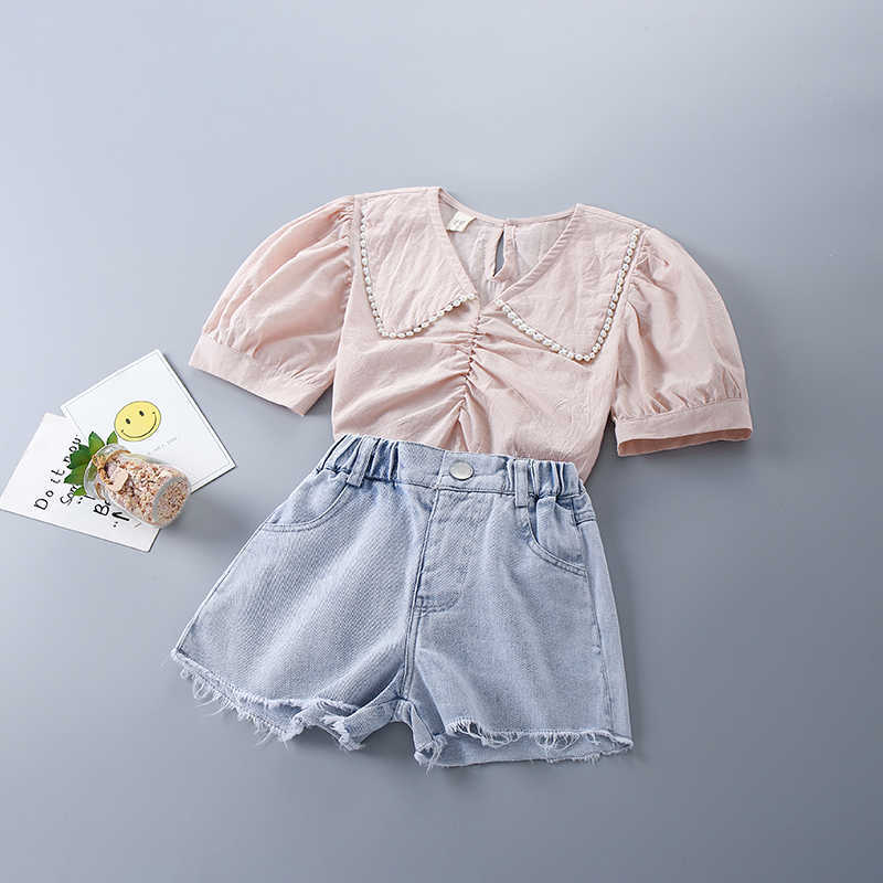 

2-7 Years High Quality Summer Girl Clothing Set Fashion Solid Shirt + Jeans Kid Children Girls Clothes 210615, Khaki