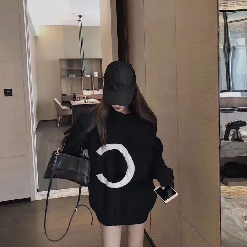 

Women' Sweaters designer tech fleece Letter embroidery temperament versatile soft waxy large version loose autumn and winter long-sleeved sweater, Black